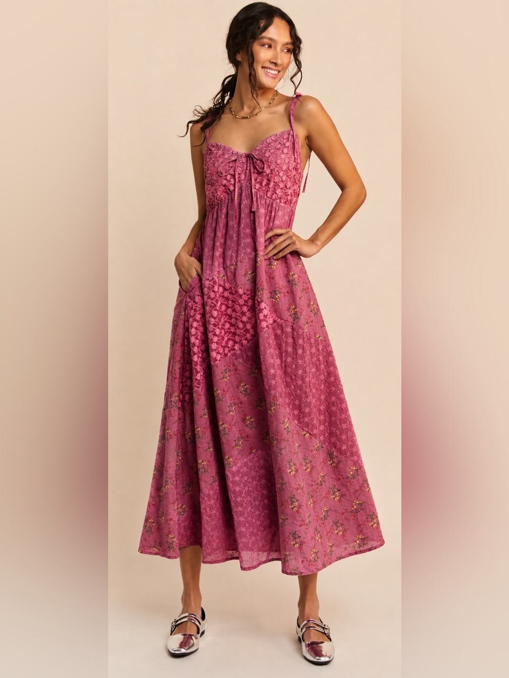Davi and Dani Rose Patchwork Floral Maxi Dress Medium NWOT Boho Pockets